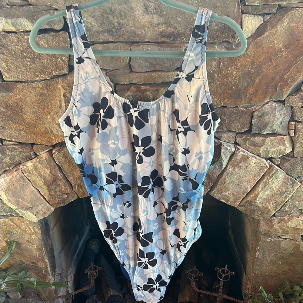 Floral Blue, White and Black One-Piece Size Large Swimsuit (Runs Large)